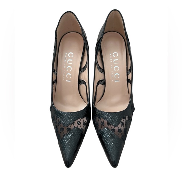 Gucci Shoes - Gucci Black Lace Python Print GG Rhombus Heels
